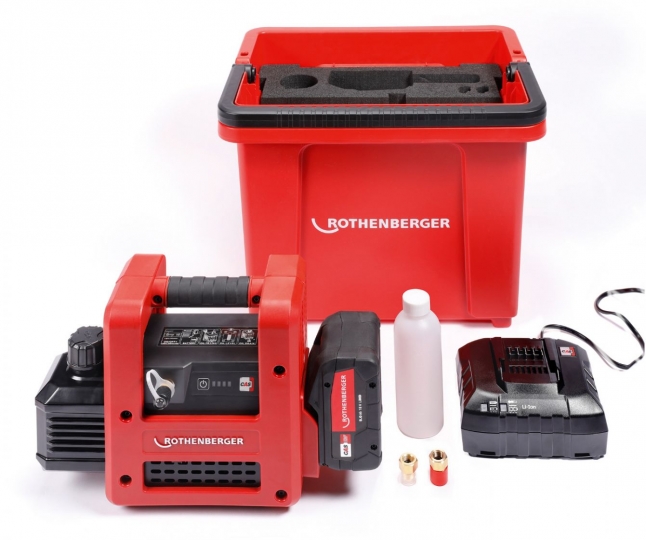 Rothenberger,Rothenberger Roairvac R32 5.0 CL Kétlépcsős akkumulátoros vákuumszivattyú + töltő + tároló vödör